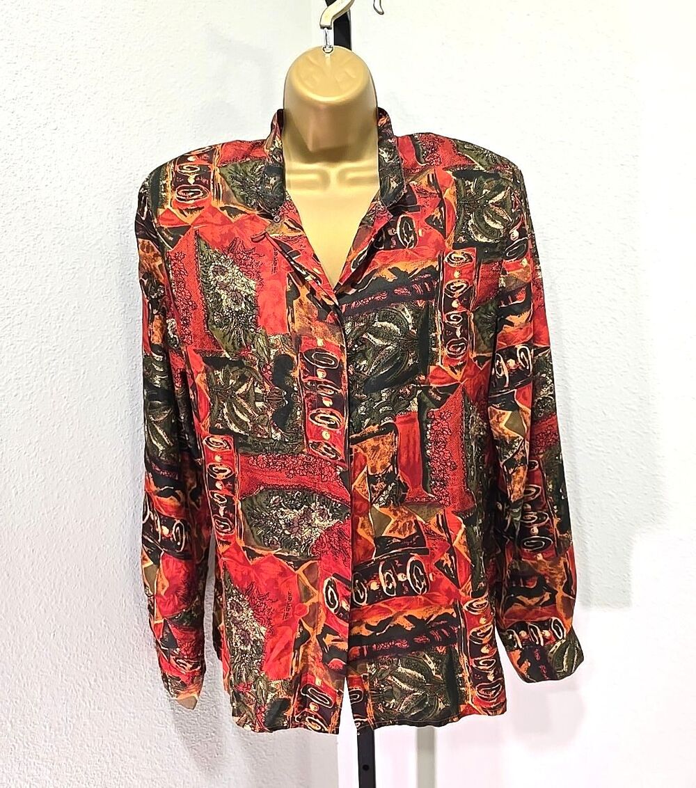 Vintage Silk Button Blouse 10 Multicolor Tailored Career Office Siren Old Money